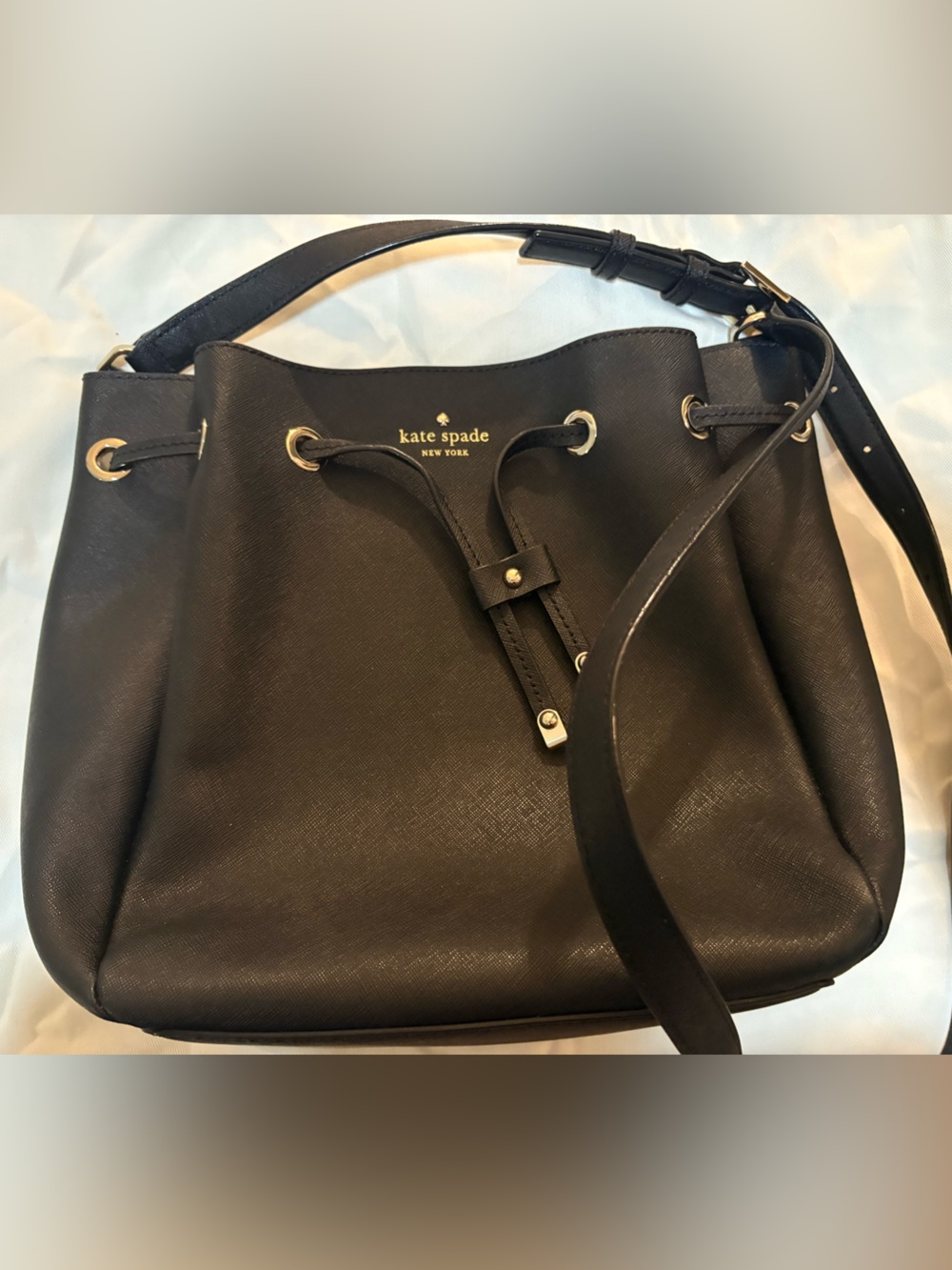 kate spade Black Saffiano Leather Drawstring Shoulder Bag